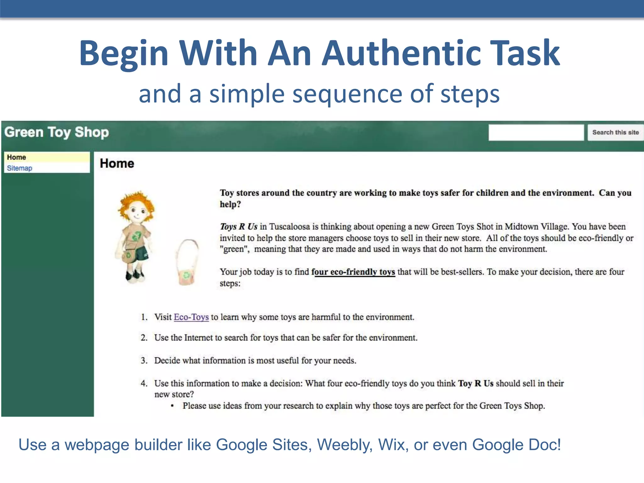 Begin With An Authentic Task
and a simple sequence of steps
Use a webpage builder like Google Sites, Weebly, Wix, or even Google Doc!
 