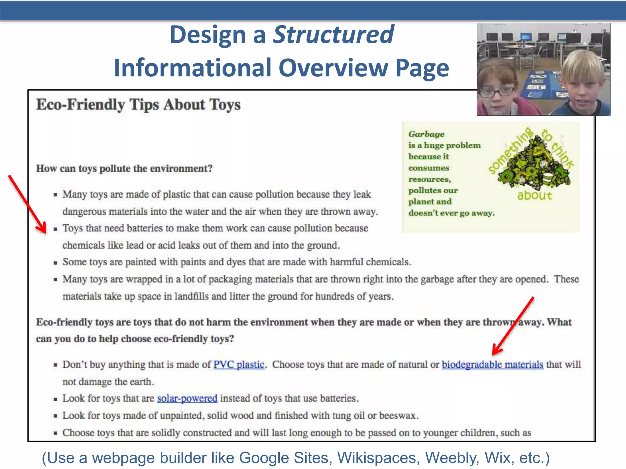 Design a Structured
Informational Overview Page
(Use a webpage builder like Google Sites, Wikispaces, Weebly, Wix, etc.)
 