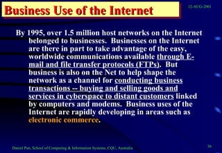 By 1995, over 1.5 million host networks on the Internet belonged to businesses.  Businesses on the Internet are there in part to take advantage of the easy, worldwide communications available  through E-mail and file transfer protocols (FTPs) .  But business is also on the Net to help shape the network as a channel for  conducting business transactions -- buying and selling goods and services in cyberspace to distant customers  linked by computers and modems.  Business uses of the Internet are rapidly developing in areas such as  electronic commerce . Business Use of the Internet 