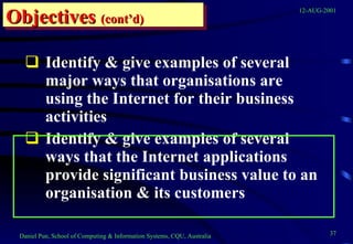 Identify & give examples of several major ways that organisations are using the Internet for their business activities Identify & give examples of several ways that the Internet applications provide significant business value to an organisation & its customers Objectives   (cont’d) 