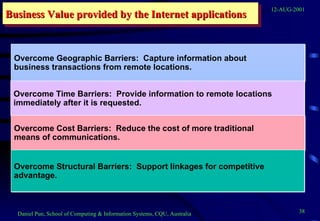 Business Value provided by the Internet applications Overcome Geographic Barriers:  Capture information about  business transactions from remote locations. Overcome Time Barriers:  Provide information to remote locations immediately after it is requested. Overcome Cost Barriers:  Reduce the cost of more traditional  means of communications. Overcome Structural Barriers:  Support linkages for competitive  advantage. 