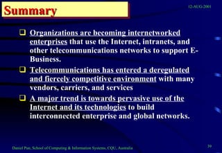 Organizations are becoming internetworked enterprises  that use the Internet, intranets, and other telecommunications networks to support E-Business. Telecommunications has entered a deregulated and fiercely competitive environment  with many vendors, carriers, and services A major trend is towards pervasive use of the Internet and its technologies  to build interconnected enterprise and global networks. Summary 