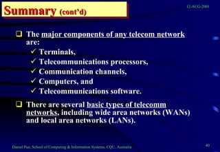 The  major components of any telecom network  are:  Terminals, Telecommunications processors,  Communication channels,  Computers, and  Telecommunications software. There are several  basic types of telecomm networks , including wide area networks (WANs) and local area networks (LANs). Summary   (cont’d) 