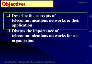 Objectives Describe the concepts of telecommunications networks & their application Discuss the importance of telecommunications networks for an organisation 