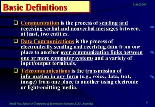 Communication  is the process of  sending and receiving verbal and nonverbal messages  between, at least, two entities.  Data Communications  is the process of  electronically sending and receiving data  from one place to another  over communication links between one or more computer systems  and a variety of input/output terminals. Telecommunications  is the  transmission of information in any form  (e.g., voice, data, text, image) from one place to another using electronic or light-emitting media.  Basic Definitions 