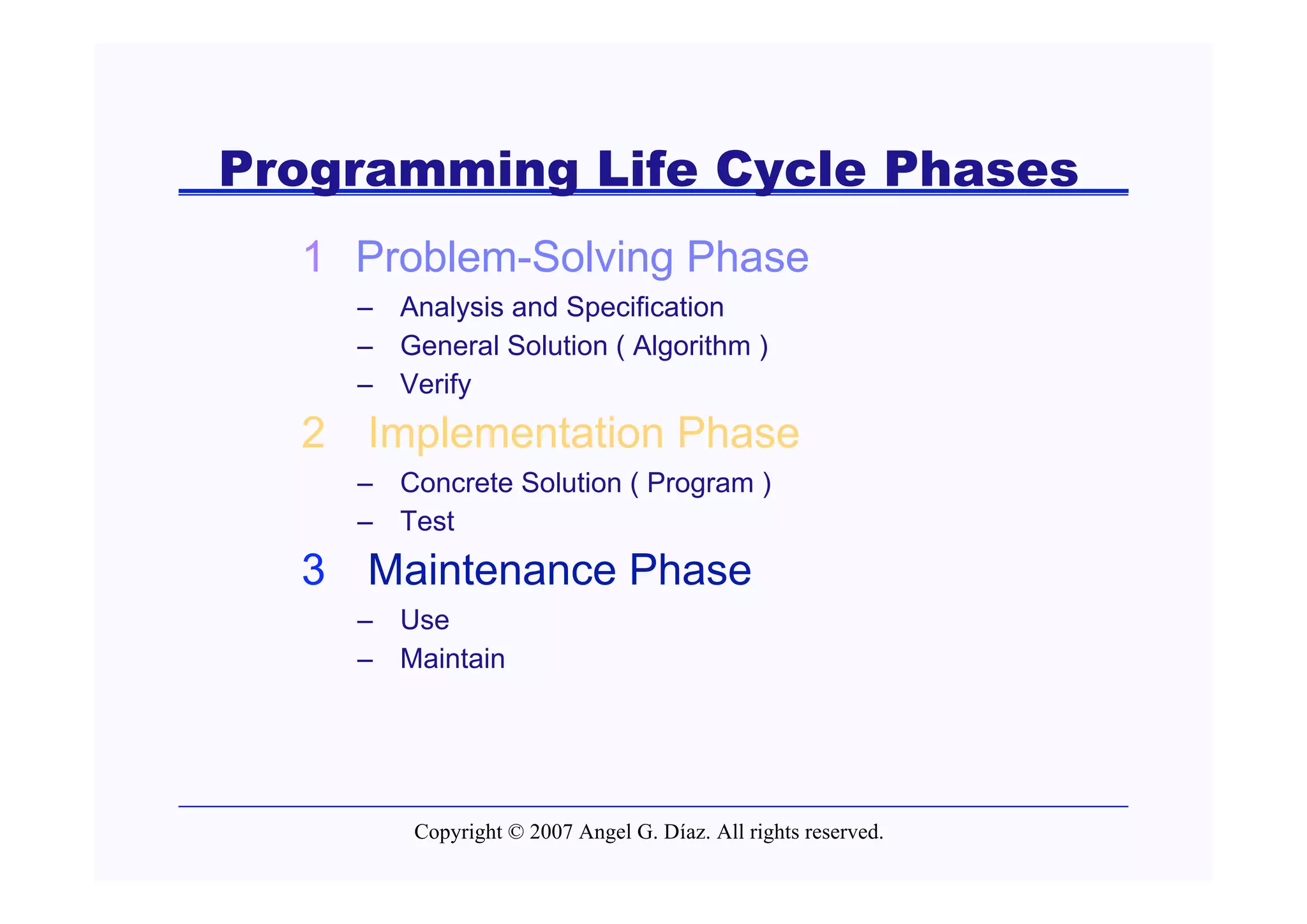 Programming Life Cycle Phases
  1 Problem-Solving Phase
    – Analysis and Specification
    – General Solution ( Algorithm )
    – Verify
  2 Implementation Phase
    – Concrete Solution ( Program )
    – Test
  3 Maintenance Phase
    – Use
    – Maintain




        Copyright © 2007 Angel G. Díaz. All rights reserved.
 