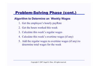 Problem-Solving Phase (cont.)
Algorithm to Determine an Weekly Wages
  1. Get the employee’s hourly payRate
  2. Get the hours worked this week
  3. Calculate this week’s regular wages
  4. Calculate this week’s overtime wages (if any)
  5. Add the regular wages to overtime wages (if any) to
     determine total wages for the week




            Copyright © 2007 Angel G. Díaz. All rights reserved.
 