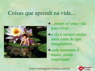 Coisas que aprendi na vida... ...temos só uma vida para viver...   e ela é sempre muito mais curta do que imaginamos...   cada momento é muito, muito importante www.mensagensvirtuais.com.br 