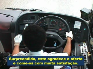 Surpreendido, este agradece a oferta
e come-os com muita satisfação.
 