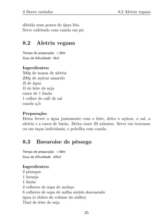 8 Doces variados                                    8.2 Aletria vegana


dilu´ num pouco de agua fria.
    ıda               ´
Serve enfeitado com canela em p´.
                               o


8.2      Aletria vegana
Tempo de prepara¸ao: <30m
                c˜
Grau de diﬁculdade: f´cil
                     a

Ingredientes:
500g de massa de aletria
200g de a¸ucar amarelo
           c´
2l de agua
      ´
1l de leite de soja
casca de 1 lim˜oa
1 colher de caf´ de sal
                e
canela q.b

Prepara¸ao:
          c˜
Deixa ferver a agua juntamente com o leite, deita o a¸ucar, o sal, a
                 ´                                      c´
aletria e a casca de lim˜o. Deixa cozer 20 minutos. Serve em travessas
                        a
ou em ta¸as individuais, e polvilha com canela.
          c


8.3      Bavaroise de pˆssego
                       e
Tempo de prepara¸ao: <40m
                c˜
Grau de diﬁculdade: dif´
                       ıcil

Ingredientes:
2 pˆssegos
    e
1 laranja
1 lim˜o
      a
2 colheres de sopa de mela¸o
                          c
8 colheres de sopa de milho mi´ do descascado
                              u
agua (o dobro do volume do milho)
´
75ml de leite de soja

                                    35
 