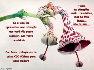 Se a vida lhe apresentar uma situação que você não possa resolver, não tente resolvê-la...  Por favor, coloque-as na caixa CDC (Coisas para Deus Cuidar)! Todas as situações serão  resolvidas,  mas no Meu tempo,  não no seu... 
