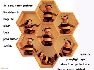 Se o seu carro quebrar  lhe deixando  longe de  algum lugar  para buscar auxílio,  pense no  paraplégico que  adoraria a oportunidade de dar essa caminhada.... 