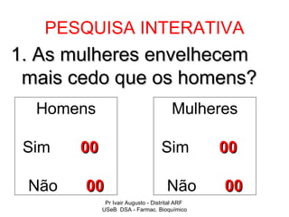 PESQUISA INTERATIVA
1. As mulheres envelhecem
 mais cedo que os homens?
  Homens                               Mulheres

 Sim   00                          Sim          00

 Não   00                            Não        00
             Pr Ivair Augusto - Distrital ARF
            USeB DSA - Farmac. Bioquímico
 
