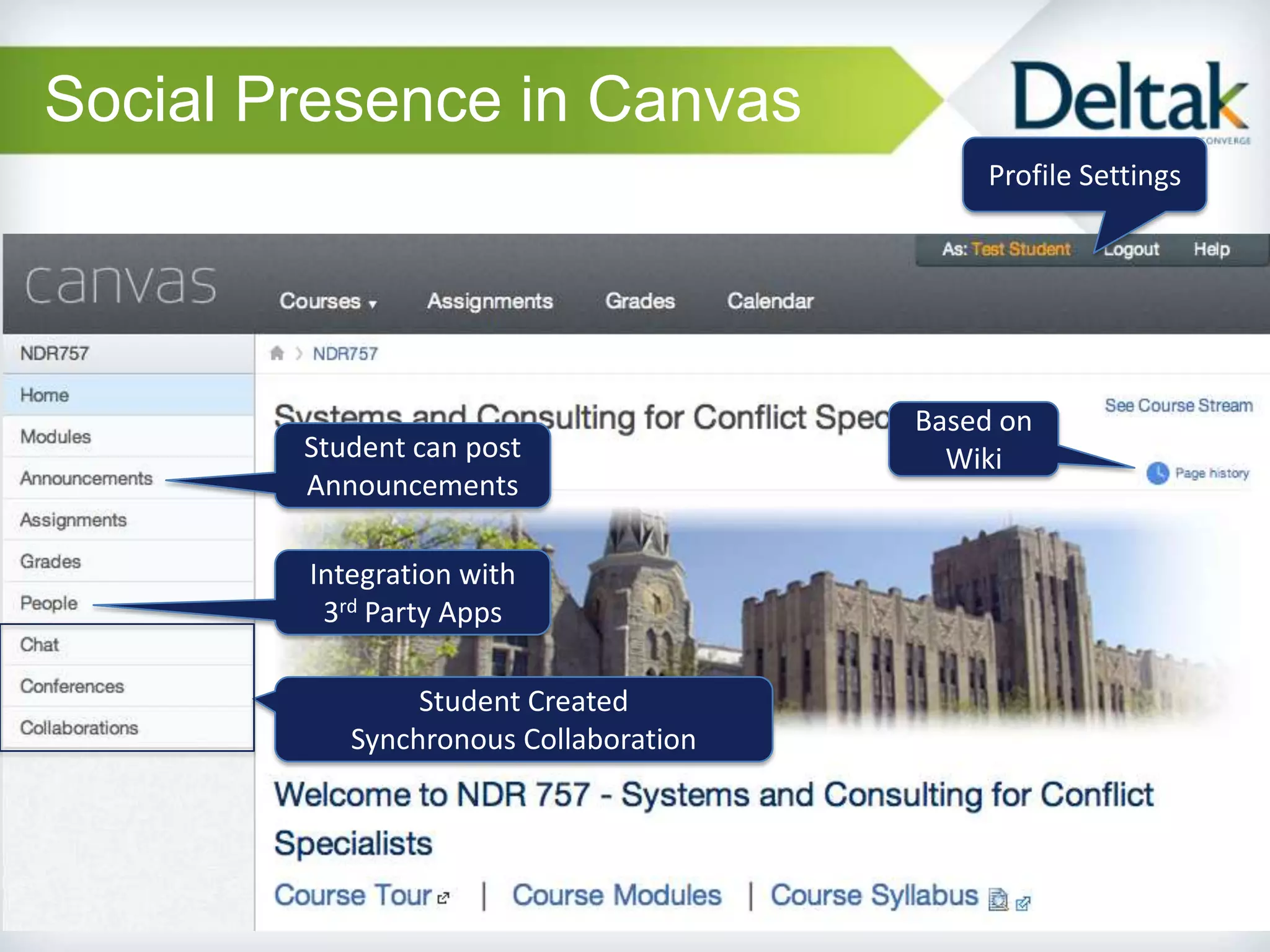 Social Presence in Canvas
                                           Profile Settings




                                       Based on
        Student can post                 Wiki
        Announcements

        Integration with
         3rd Party Apps

                Student Created
           Synchronous Collaboration




                                                          11
 