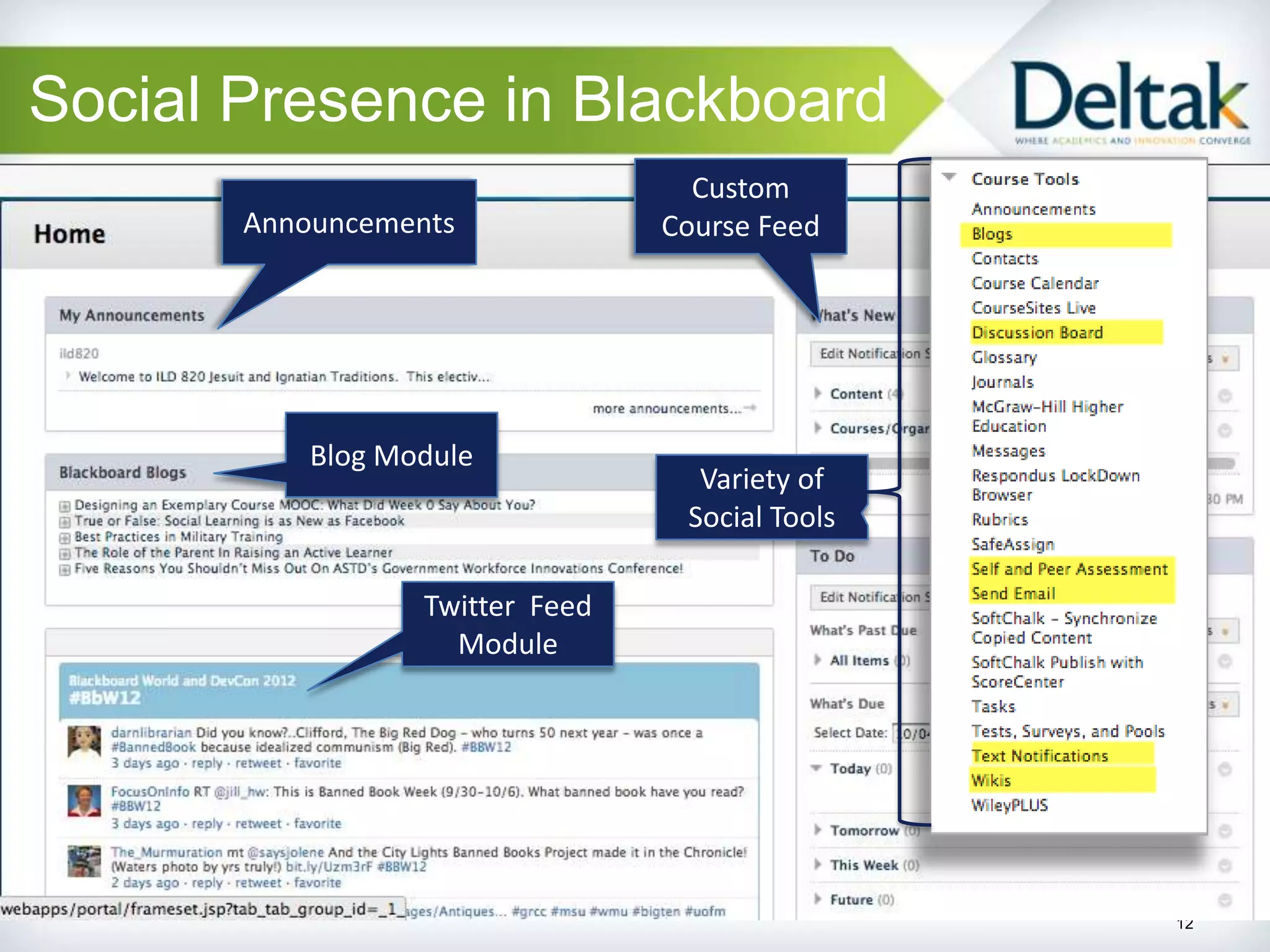 Social Presence in Blackboard
                                   Custom
       Announcements             Course Feed




           Blog Module
                                   Variety of
                                  Social Tools

                  Twitter Feed
                    Module




                                                 12
 