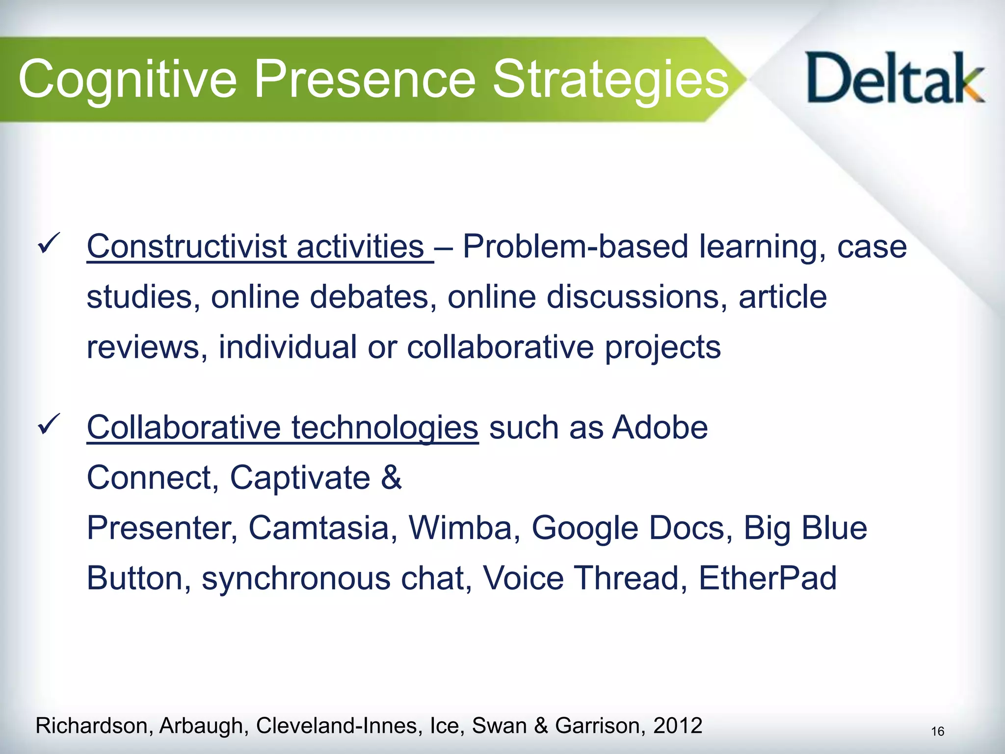 Cognitive Presence Strategies


 Constructivist activities – Problem-based learning, case
    studies, online debates, online discussions, article
    reviews, individual or collaborative projects

 Collaborative technologies such as Adobe
    Connect, Captivate &
    Presenter, Camtasia, Wimba, Google Docs, Big Blue
    Button, synchronous chat, Voice Thread, EtherPad



Richardson, Arbaugh, Cleveland-Innes, Ice, Swan & Garrison, 2012   16
 