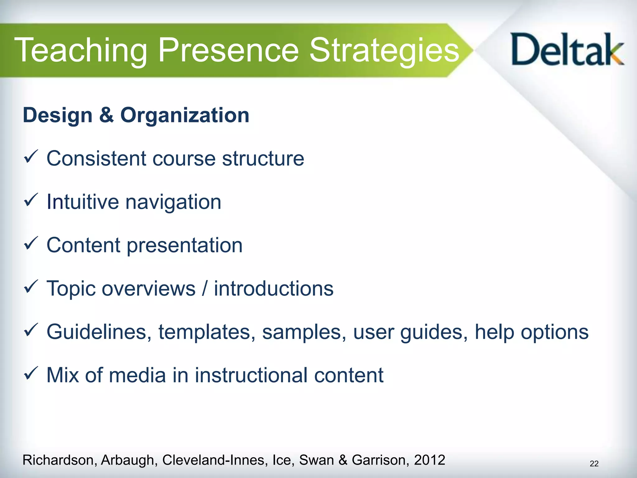Teaching Presence Strategies
Design & Organization

 Consistent course structure

 Intuitive navigation

 Content presentation

 Topic overviews / introductions

 Guidelines, templates, samples, user guides, help options

 Mix of media in instructional content


Richardson, Arbaugh, Cleveland-Innes, Ice, Swan & Garrison, 2012   22
 
