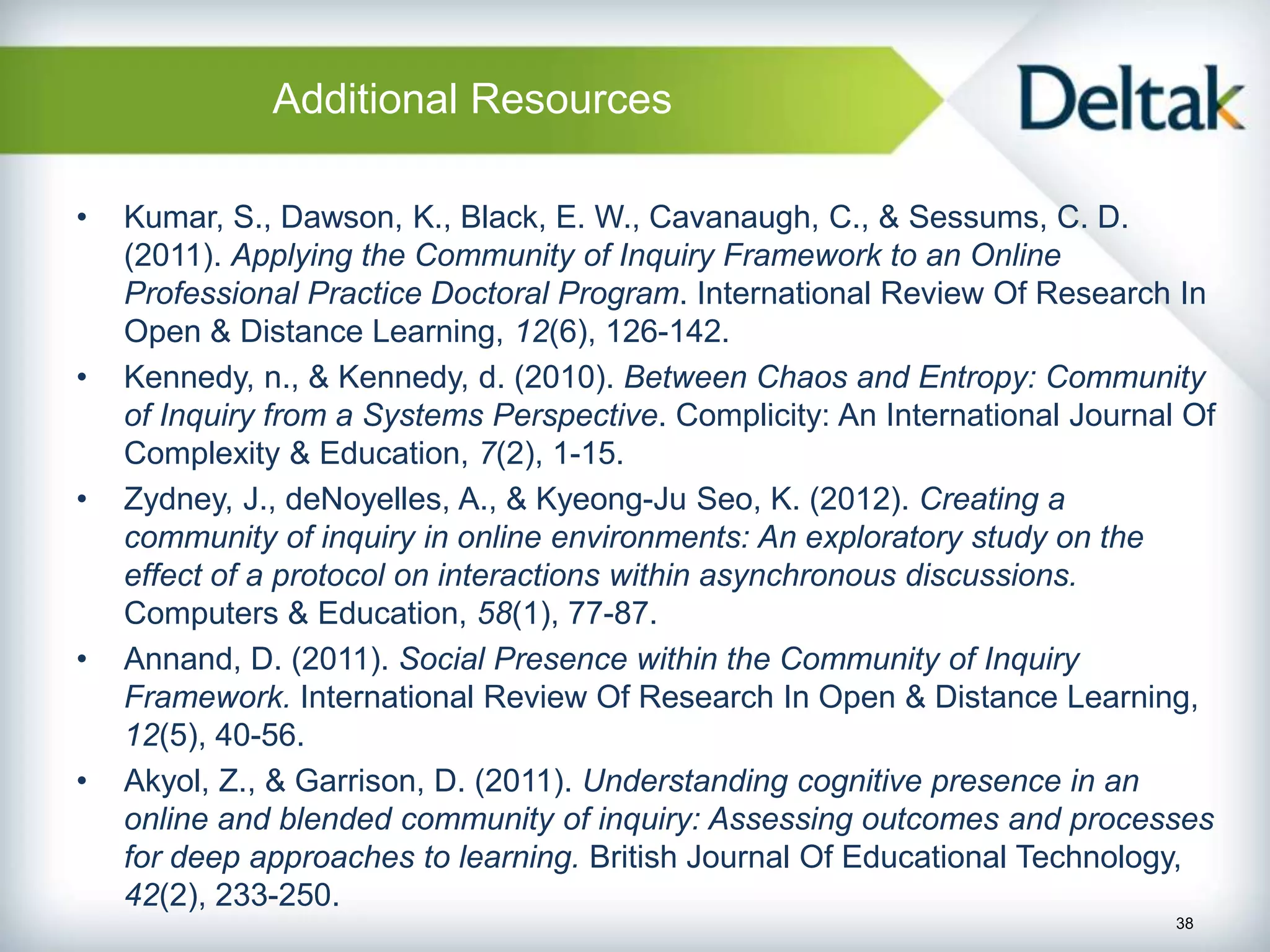 Additional Resources

•   Kumar, S., Dawson, K., Black, E. W., Cavanaugh, C., & Sessums, C. D.
    (2011). Applying the Community of Inquiry Framework to an Online
    Professional Practice Doctoral Program. International Review Of Research In
    Open & Distance Learning, 12(6), 126-142.
•   Kennedy, n., & Kennedy, d. (2010). Between Chaos and Entropy: Community
    of Inquiry from a Systems Perspective. Complicity: An International Journal Of
    Complexity & Education, 7(2), 1-15.
•   Zydney, J., deNoyelles, A., & Kyeong-Ju Seo, K. (2012). Creating a
    community of inquiry in online environments: An exploratory study on the
    effect of a protocol on interactions within asynchronous discussions.
    Computers & Education, 58(1), 77-87.
•   Annand, D. (2011). Social Presence within the Community of Inquiry
    Framework. International Review Of Research In Open & Distance Learning,
    12(5), 40-56.
•   Akyol, Z., & Garrison, D. (2011). Understanding cognitive presence in an
    online and blended community of inquiry: Assessing outcomes and processes
    for deep approaches to learning. British Journal Of Educational Technology,
    42(2), 233-250.
                                                                               38
 