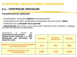 2.CONTROL PRODUCTORES PALMÁCEAS  2.1.- CONTROLES INICIALES  Procedimiento de realización Comprobación inscripción  registros  correspondientes  Comprobación de haber presentado la Declaración Anual de Cultivo ( DAC ). Verificación de la  situación de la parcela Sectorización  del vivero, y por cada sector realización del inventario y catálogo de todas las especies de palmáceas Actualmente, el número de  productores/comerciantes con Control Inicial realizado  es de  853 distribuidos por provincias del siguiente modo: 4.301 NÚMERO DE PARCELAS CON  CONTROL INICIAL  853 NÚMERO DE PRODUCTORES/COMERCIANTES  CON CONTROL INICIAL  TOTAL 2.366 615 1.935 238 VALENCIA - CASTELLÓN ALICANTE 