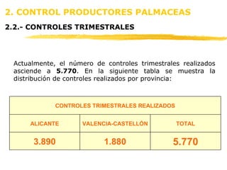 Actualmente, el número de controles trimestrales realizados asciende a  5.770 . En la siguiente tabla se muestra la distribución de controles realizados por provincia : 2. CONTROL PRODUCTORES PALMACEAS  2.2.- CONTROLES TRIMESTRALES 5.770 1.880 3.890 TOTAL VALENCIA-CASTELLÓN ALICANTE CONTROLES TRIMESTRALES REALIZADOS 