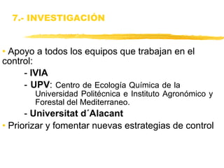 7.- INVESTIGACIÓN Apoyo a todos los equipos que trabajan en el control: -  IVIA -  UPV :  Centro de Ecología Química de la  Universidad Politécnica e Instituto Agronómico y  Forestal del Mediterraneo. -  Universitat d´Alacant Priorizar y fomentar nuevas estrategias de control 