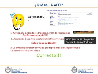 ¿Qué es LA AEIT?

Googleando…
.

1. Agrupación de Electores Independientes de Torrecampo
Estás suspendido!!!!
2. Asociación Deportiva Escolar del Instituto Tortosa
Estás suspendido!!!!
3. La entidad de Derecho Privado que representa a los Ingenieros de
Telecomunicación en España

Correcto!!!

 