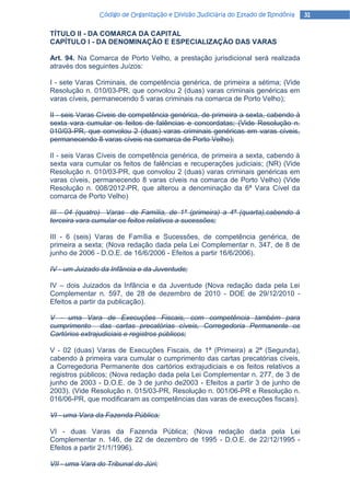 Código de Organização e Divisão Judiciária do Estado de Rondônia   31

TÍTULO II - DA COMARCA DA CAPITAL
CAPÍTULO I - DA DENOMINAÇÃO E ESPECIALIZAÇÃO DAS VARAS

Art. 94. Na Comarca de Porto Velho, a prestação jurisdicional será realizada
através dos seguintes Juízos:

I - sete Varas Criminais, de competência genérica, de primeira a sétima; (Vide
Resolução n. 010/03-PR, que convolou 2 (duas) varas criminais genéricas em
varas cíveis, permanecendo 5 varas criminais na comarca de Porto Velho);

II - seis Varas Cíveis de competência genérica, de primeira a sexta, cabendo à
sexta vara cumular os feitos de falências e concordatas; (Vide Resolução n.
010/03-PR, que convolou 2 (duas) varas criminais genéricas em varas cíveis,
permanecendo 8 varas cíveis na comarca de Porto Velho);

II - seis Varas Cíveis de competência genérica, de primeira a sexta, cabendo à
sexta vara cumular os feitos de falências e recuperações judiciais; (NR) (Vide
Resolução n. 010/03-PR, que convolou 2 (duas) varas criminais genéricas em
varas cíveis, permanecendo 8 varas cíveis na comarca de Porto Velho) (Vide
Resolução n. 008/2012-PR, que alterou a denominação da 6ª Vara Cível da
comarca de Porto Velho)

III - 04 (quatro) Varas de Família, de 1ª (primeira) a 4ª (quarta),cabendo à
terceira vara cumular os feitos relativos a sucessões;

III - 6 (seis) Varas de Família e Sucessões, de competência genérica, de
primeira a sexta; (Nova redação dada pela Lei Complementar n. 347, de 8 de
junho de 2006 - D.O.E. de 16/6/2006 - Efeitos a partir 16/6/2006).

IV - um Juizado da Infância e da Juventude;

IV – dois Juizados da Infância e da Juventude (Nova redação dada pela Lei
Complementar n. 597, de 28 de dezembro de 2010 - DOE de 29/12/2010 -
Efeitos a partir da publicação).

V - uma Vara de Execuções Fiscais, com competência também para
cumprimento das cartas precatórias cíveis, Corregedoria Permanente os
Cartórios extrajudiciais e registros públicos;

V - 02 (duas) Varas de Execuções Fiscais, de 1ª (Primeira) a 2ª (Segunda),
cabendo à primeira vara cumular o cumprimento das cartas precatórias cíveis,
a Corregedoria Permanente dos cartórios extrajudiciais e os feitos relativos a
registros públicos; (Nova redação dada pela Lei Complementar n. 277, de 3 de
junho de 2003 - D.O.E. de 3 de junho de2003 - Efeitos a partir 3 de junho de
2003). (Vide Resolução n. 015/03-PR, Resolução n. 001/06-PR e Resolução n.
016/06-PR, que modificaram as competências das varas de execuções fiscais).

VI - uma Vara da Fazenda Pública;

VI - duas Varas da Fazenda Pública; (Nova redação dada pela Lei
Complementar n. 146, de 22 de dezembro de 1995 - D.O.E. de 22/12/1995 -
Efeitos a partir 21/1/1996).

VII - uma Vara do Tribunal do Júri;
 