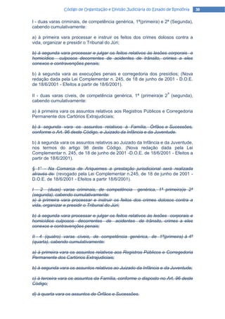 Código de Organização e Divisão Judiciária do Estado de Rondônia   38

I - duas varas criminais, de competência genérica, 1ª(primeira) e 2ª (Segunda),
cabendo cumulativamente:

a) à primeira vara processar e instruir os feitos dos crimes dolosos contra a
vida, organizar e presidir o Tribunal do Júri;

b) à segunda vara processar e julgar os feitos relativos às lesões corporais e
homicídios culposos decorrentes de acidentes de trânsito, crimes a eles
conexos e contravenções penais;

b) à segunda vara as execuções penais e corregedoria dos presídios; (Nova
redação dada pela Lei Complementar n. 245, de 18 de junho de 2001 - D.O.E.
de 18/6/2001 - Efeitos a partir de 18/6/2001).
                                                                   a
II - duas varas cíveis, de competência genérica, 1ª (primeira)e 2 (segunda),
cabendo cumulativamente:

a) à primeira vara os assuntos relativos aos Registros Públicos e Corregedoria
Permanente dos Cartórios Extrajudiciais;

b) à segunda vara os assuntos relativos à Família, Órfãos e Sucessões,
conforme o Art. 96 deste Código, e Juizado da Infância e da Juventude.

b) à segunda vara os assuntos relativos ao Juizado da Infância e da Juventude,
nos termos do artigo 98 deste Código. (Nova redação dada pela Lei
Complementar n. 245, de 18 de junho de 2001 -D.O.E. de 18/6/2001 - Efeitos a
partir de 18/6/2001).

§ 1° - Na Comarca de Ariquemes a prestação jurisdicional será realizada
através de: (revogado pela Lei Complementar n.245, de 18 de junho de 2001 -
D.O.E. de 18/6/2001 - Efeitos a partir 18/6/2001).

I - 2 (duas) varas criminais, de competência genérica, 1ª primeira)e 2ª
(segunda), cabendo cumulativamente:
a) à primeira vara processar e instruir os feitos dos crimes dolosos contra a
vida, organizar e presidir o Tribunal do Júri;

b) à segunda vara processar e julgar os feitos relativos às lesões corporais e
homicídios culposos decorrentes de acidentes de trânsito, crimes a eles
conexos e contravenções penais;

II - 4 (quatro) varas cíveis, de competência genérica, de 1ª(primeira) à 4ª
(quarta), cabendo cumulativamente:

a) à primeira vara os assuntos relativos aos Registros Públicos e Corregedoria
Permanente dos Cartórios Extrajudiciais;

b) à segunda vara os assuntos relativos ao Juizado da Infância e da Juventude;

c) à terceira vara os assuntos da Família, conforme o disposto no Art. 96 deste
Código;

d) à quarta vara os assuntos de Órfãos e Sucessões.
 