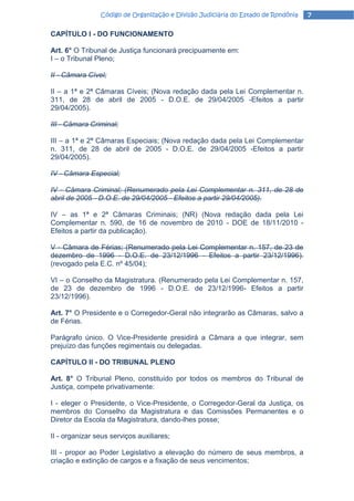 Código de Organização e Divisão Judiciária do Estado de Rondônia   7

CAPÍTULO I - DO FUNCIONAMENTO

Art. 6° O Tribunal de Justiça funcionará precipuamente em:
I – o Tribunal Pleno;

II - Câmara Cível;

II – a 1ª e 2ª Câmaras Cíveis; (Nova redação dada pela Lei Complementar n.
311, de 28 de abril de 2005 - D.O.E. de 29/04/2005 -Efeitos a partir
29/04/2005).

III - Câmara Criminal;

III – a 1ª e 2ª Câmaras Especiais; (Nova redação dada pela Lei Complementar
n. 311, de 28 de abril de 2005 - D.O.E. de 29/04/2005 -Efeitos a partir
29/04/2005).

IV - Câmara Especial;

IV - Câmara Criminal; (Renumerado pela Lei Complementar n. 311, de 28 de
abril de 2005 - D.O.E. de 29/04/2005 - Efeitos a partir 29/04/2005).

IV – as 1ª e 2ª Câmaras Criminais; (NR) (Nova redação dada pela Lei
Complementar n. 590, de 16 de novembro de 2010 - DOE de 18/11/2010 -
Efeitos a partir da publicação).

V - Câmara de Férias; (Renumerado pela Lei Complementar n. 157, de 23 de
dezembro de 1996 - D.O.E. de 23/12/1996 - Efeitos a partir 23/12/1996).
(revogado pela E.C. nº 45/04);

VI – o Conselho da Magistratura. (Renumerado pela Lei Complementar n. 157,
de 23 de dezembro de 1996 - D.O.E. de 23/12/1996- Efeitos a partir
23/12/1996).

Art. 7° O Presidente e o Corregedor-Geral não integrarão as Câmaras, salvo a
de Férias.

Parágrafo único. O Vice-Presidente presidirá a Câmara a que integrar, sem
prejuízo das funções regimentais ou delegadas.

CAPÍTULO II - DO TRIBUNAL PLENO

Art. 8° O Tribunal Pleno, constituído por todos os membros do Tribunal de
Justiça, compete privativamente:

I - eleger o Presidente, o Vice-Presidente, o Corregedor-Geral da Justiça, os
membros do Conselho da Magistratura e das Comissões Permanentes e o
Diretor da Escola da Magistratura, dando-lhes posse;

II - organizar seus serviços auxiliares;

III - propor ao Poder Legislativo a elevação do número de seus membros, a
criação e extinção de cargos e a fixação de seus vencimentos;
 