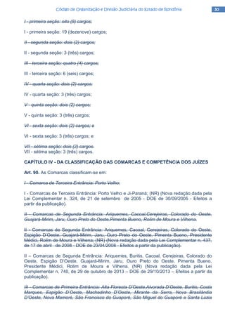 30303030Código de Organização e Divisão Judiciária do Estado de RondôniaCódigo de Organização e Divisão Judiciária do Estado de RondôniaCódigo de Organização e Divisão Judiciária do Estado de RondôniaCódigo de Organização e Divisão Judiciária do Estado de Rondônia
I - primeira seção: oito (8) cargos;
I - primeira seção: 19 (dezenove) cargos;
II - segunda seção: dois (2) cargos;
II - segunda seção: 3 (três) cargos;
III - terceira seção: quatro (4) cargos;
III - terceira seção: 6 (seis) cargos;
IV - quarta seção: dois (2) cargos;
IV - quarta seção: 3 (três) cargos;
V - quinta seção: dois (2) cargos;
V - quinta seção: 3 (três) cargos;
VI - sexta seção: dois (2) cargos; e
VI - sexta seção: 3 (três) cargos; e
VII - sétima seção: dois (2) cargos.
VII - sétima seção: 3 (três) cargos.
CAPÍTULO IV - DA CLASSIFICAÇÃO DAS COMARCAS E COMPETÊNCIA DOS JUÍZES
Art. 90. As Comarcas classificam-se em:
I - Comarca de Terceira Entrância: Porto Velho;
I - Comarcas de Terceira Entrância: Porto Velho e Ji-Paraná; (NR) (Nova redação dada pela
Lei Complementar n. 324, de 21 de setembro de 2005 - DOE de 30/09/2005 - Efeitos a
partir da publicação).
II - Comarcas de Segunda Entrância: Ariquemes, Cacoal,Cerejeiras, Colorado do Oeste,
Guajará-Mirim, Jaru, Ouro Preto do Oeste,Pimenta Bueno, Rolim de Moura e Vilhena.
II - Comarcas de Segunda Entrância: Ariquemes, Cacoal, Cerejeiras, Colorado do Oeste,
Espigão D’Oeste, Guajará-Mirim, Jaru, Ouro Preto do Oeste, Pimenta Bueno, Presidente
Médici, Rolim de Moura e Vilhena; (NR) (Nova redação dada pela Lei Complementar n. 437,
de 17 de abril de 2008 - DOE de 23/04/2008 - Efeitos a partir da publicação).
II – Comarcas de Segunda Entrância: Ariquemes, Buritis, Cacoal, Cerejeiras, Colorado do
Oeste, Espigão D’Oeste, Guajará-Mirim, Jaru, Ouro Preto do Oeste, Pimenta Bueno,
Presidente Médici, Rolim de Moura e Vilhena. (NR) (Nova redação dada pela Lei
Complementar n. 740, de 29 de outubro de 2013 – DOE de 29/10/2013 – Efeitos a partir da
publicação).
III - Comarcas de Primeira Entrância: Alta Floresta D’Oeste,Alvorada D’Oeste, Buritis, Costa
Marques, Espigão D’Oeste, Machadinho D’Oeste, Mirante da Serra, Nova Brasilândia
D’Oeste, Nova Mamoré, São Francisco do Guaporé, São Miguel do Guaporé e Santa Luzia
 