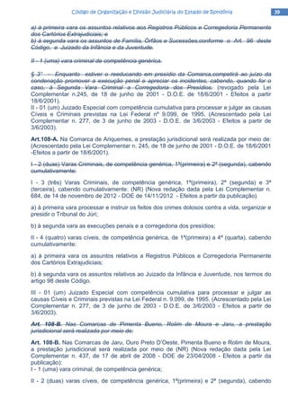 39393939Código de Organização e Divisão Judiciária do Estado de RondôniaCódigo de Organização e Divisão Judiciária do Estado de RondôniaCódigo de Organização e Divisão Judiciária do Estado de RondôniaCódigo de Organização e Divisão Judiciária do Estado de Rondônia
a) à primeira vara os assuntos relativos aos Registros Públicos e Corregedoria Permanente
dos Cartórios Extrajudiciais; e
b) à segunda vara os assuntos de Família, Órfãos e Sucessões,conforme o Art. 96 deste
Código, e Juizado da Infância e da Juventude.
II - 1 (uma) vara criminal de competência genérica.
§ 3° - Enquanto estiver o reeducando em presídio da Comarca,competirá ao juízo da
condenação promover a execução penal e apreciar os incidentes, cabendo, quando for o
caso, à Segunda Vara Criminal a Corregedoria dos Presídios. (revogado pela Lei
Complementar n.245, de 18 de junho de 2001 - D.O.E. de 18/6/2001 - Efeitos a partir
18/6/2001).
II - 01 (um) Juizado Especial com competência cumulativa para processar e julgar as causas
Cíveis e Criminais previstas na Lei Federal nº 9.099, de 1995. (Acrescentado pela Lei
Complementar n. 277, de 3 de junho de 2003 - D.O.E. de 3/6/2003 - Efeitos a partir de
3/6/2003).
Art.108-A. Na Comarca de Ariquemes, a prestação jurisdicional será realizada por meio de:
(Acrescentado pela Lei Complementar n. 245, de 18 de junho de 2001 - D.O.E. de 18/6/2001
-Efeitos a partir de 18/6/2001).
I - 2 (duas) Varas Criminais, de competência genérica, 1ª(primeira) e 2ª (segunda), cabendo
cumulativamente:
I - 3 (três) Varas Criminais, de competência genérica, 1ª(primeira), 2ª (segunda) e 3ª
(terceira), cabendo cumulativamente: (NR) (Nova redação dada pela Lei Complementar n.
684, de 14 de novembro de 2012 - DOE de 14/11/2012 - Efeitos a partir da publicação)
a) à primeira vara processar e instruir os feitos dos crimes dolosos contra a vida, organizar e
presidir o Tribunal do Júri;
b) à segunda vara as execuções penais e a corregedoria dos presídios;
II - 4 (quatro) varas cíveis, de competência genérica, de 1ª(primeira) a 4ª (quarta), cabendo
cumulativamente:
a) à primeira vara os assuntos relativos a Registros Públicos e Corregedoria Permanente
dos Cartórios Extrajudiciais;
b) à segunda vara os assuntos relativos ao Juizado da Infância e Juventude, nos termos do
artigo 98 deste Código.
III - 01 (um) Juizado Especial com competência cumulativa para processar e julgar as
causas Cíveis e Criminais previstas na Lei Federal n. 9.099, de 1995. (Acrescentado pela Lei
Complementar n. 277, de 3 de junho de 2003 - D.O.E. de 3/6/2003 - Efeitos a partir de
3/6/2003).
Art. 108-B. Nas Comarcas de Pimenta Bueno, Rolim de Moura e Jaru, a prestação
jurisdicional será realizada por meio de:
Art. 108-B. Nas Comarcas de Jaru, Ouro Preto D’Oeste, Pimenta Bueno e Rolim de Moura,
a prestação jurisdicional será realizada por meio de (NR) (Nova redação dada pela Lei
Complementar n. 437, de 17 de abril de 2008 - DOE de 23/04/2008 - Efeitos a partir da
publicação):
I - 1 (uma) vara criminal, de competência genérica;
II - 2 (duas) varas cíveis, de competência genérica, 1ª(primeira) e 2ª (segunda), cabendo
 