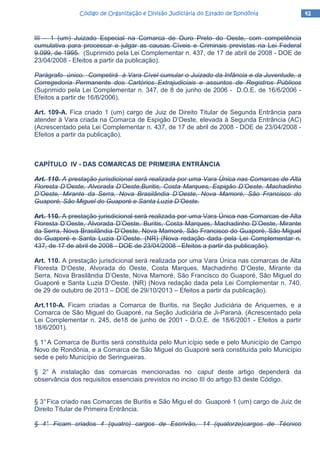 42424242Código de Organização e Divisão Judiciária do Estado de RondôniaCódigo de Organização e Divisão Judiciária do Estado de RondôniaCódigo de Organização e Divisão Judiciária do Estado de RondôniaCódigo de Organização e Divisão Judiciária do Estado de Rondônia
III – 1 (um) Juizado Especial na Comarca de Ouro Preto do Oeste, com competência
cumulativa para processar e julgar as causas Cíveis e Criminais previstas na Lei Federal
9.099, de 1995. (Suprimido pela Lei Complementar n. 437, de 17 de abril de 2008 - DOE de
23/04/2008 - Efeitos a partir da publicação).
Parágrafo único. Competirá à Vara Cível cumular o Juizado da Infância e da Juventude, a
Corregedoria Permanente dos Cartórios Extrajudiciais e assuntos de Registros Públicos
(Suprimido pela Lei Complementar n. 347, de 8 de junho de 2006 - D.O.E. de 16/6/2006 -
Efeitos a partir de 16/6/2006).
Art. 109-A. Fica criado 1 (um) cargo de Juiz de Direito Titular de Segunda Entrância para
atender à Vara criada na Comarca de Espigão D’Oeste, elevada à Segunda Entrância (AC)
(Acrescentado pela Lei Complementar n. 437, de 17 de abril de 2008 - DOE de 23/04/2008 -
Efeitos a partir da publicação).
CAPÍTULO IV - DAS COMARCAS DE PRIMEIRA ENTRÂNCIA
Art. 110. A prestação jurisdicional será realizada por uma Vara Única nas Comarcas de Alta
Floresta D’Oeste, Alvorada D’Oeste,Buritis, Costa Marques, Espigão D’Oeste, Machadinho
D’Oeste, Mirante da Serra, Nova Brasilândia D’Oeste, Nova Mamoré, São Francisco do
Guaporé, São Miguel do Guaporé e Santa Luzia D’Oeste.
Art. 110. A prestação jurisdicional será realizada por uma Vara Única nas Comarcas de Alta
Floresta D’Oeste, Alvorada D’Oeste, Buritis, Costa Marques, Machadinho D’Oeste, Mirante
da Serra, Nova Brasilândia D’Oeste, Nova Mamoré, São Francisco do Guaporé, São Miguel
do Guaporé e Santa Luzia D’Oeste. (NR) (Nova redação dada pela Lei Complementar n.
437, de 17 de abril de 2008 - DOE de 23/04/2008 - Efeitos a partir da publicação).
Art. 110. A prestação jurisdicional será realizada por uma Vara Única nas comarcas de Alta
Floresta D’Oeste, Alvorada do Oeste, Costa Marques, Machadinho D’Oeste, Mirante da
Serra, Nova Brasilândia D’Oeste, Nova Mamoré, São Francisco do Guaporé, São Miguel do
Guaporé e Santa Luzia D’Oeste. (NR) (Nova redação dada pela Lei Complementar n. 740,
de 29 de outubro de 2013 – DOE de 29/10/2013 – Efeitos a partir da publicação).
Art.110-A. Ficam criadas a Comarca de Buritis, na Seção Judiciária de Ariquemes, e a
Comarca de São Miguel do Guaporé, na Seção Judiciária de Ji-Paraná. (Acrescentado pela
Lei Complementar n. 245, de18 de junho de 2001 - D.O.E. de 18/6/2001 - Efeitos a partir
18/6/2001).
§ 1°A Comarca de Buritis será constituída pelo Mun icípio sede e pelo Município de Campo
Novo de Rondônia, e a Comarca de São Miguel do Guaporé será constituída pelo Município
sede e pelo Município de Seringueiras.
§ 2° A instalação das comarcas mencionadas no caput deste artigo dependerá da
observância dos requisitos essenciais previstos no inciso III do artigo 83 deste Código.
§ 3°Fica criado nas Comarcas de Buritis e São Migu el do Guaporé 1 (um) cargo de Juiz de
Direito Titular de Primeira Entrância.
§ 4°. Ficam criados 4 (quatro) cargos de Escrivão, 14 (quatorze)cargos de Técnico
 
