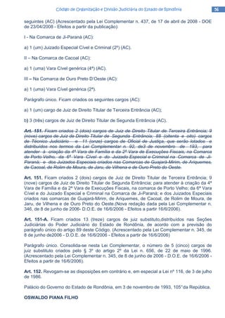 56565656Código de Organização e Divisão Judiciária do Estado de RondôniaCódigo de Organização e Divisão Judiciária do Estado de RondôniaCódigo de Organização e Divisão Judiciária do Estado de RondôniaCódigo de Organização e Divisão Judiciária do Estado de Rondônia
seguintes (AC) (Acrescentado pela Lei Complementar n. 437, de 17 de abril de 2008 - DOE
de 23/04/2008 - Efeitos a partir da publicação):
I - Na Comarca de Ji-Paraná (AC):
a) 1 (um) Juizado Especial Cível e Criminal (2º) (AC).
II – Na Comarca de Cacoal (AC):
a) 1 (uma) Vara Cível genérica (4ª) (AC).
III – Na Comarca de Ouro Preto D’Oeste (AC):
a) 1 (uma) Vara Cível genérica (2ª).
Parágrafo único. Ficam criados os seguintes cargos (AC):
a) 1 (um) cargo de Juiz de Direito Titular de Terceira Entrância (AC);
b) 3 (três) cargos de Juiz de Direito Titular de Segunda Entrância (AC).
Art. 151. Ficam criados 2 (dois) cargos de Juiz de Direito Titular de Terceira Entrância; 9
(nove) cargos de Juiz de Direito Titular de Segunda Entrância; 88 (oitenta e oito) cargos
de Técnico Judiciário e 11 (onze) cargos de Oficial de Justiça, que serão lotados e
distribuídos nos termos da Lei Complementar n. 92, de3 de novembro de 193, para
atender à criação da 4ª Vara de Família e da 2ª Vara de Execuções Fiscais, na Comarca
de Porto Velho, da 6ª Vara Cível e do Juizado Especial e Criminal na Comarca de Ji-
Paraná; e dos Juizados Especiais criados nas Comarcas de Guajará-Mirim, de Ariquemes,
de Cacoal, de Rolim de Moura, de Jaru, de Vilhena e de Ouro Preto do Oeste.
Art. 151. Ficam criados 2 (dois) cargos de Juiz de Direito Titular de Terceira Entrância; 9
(nove) cargos de Juiz de Direito Titular de Segunda Entrância; para atender à criação da 4ª
Vara de Família e da 2ª Vara de Execuções Fiscais, na comarca de Porto Velho; da 6ª Vara
Cível e do Juizado Especial e Criminal na Comarca de Ji-Paraná; e dos Juizados Especiais
criados nas comarcas de Guajará-Mirim, de Ariquemes, de Cacoal, de Rolim de Moura, de
Jaru, de Vilhena e de Ouro Preto do Oeste.(Nova redação dada pela Lei Complementar n.
346, de 8 de junho de 2006- D.O.E. de 16/6/2006 - Efeitos a partir 16/6/2006).
Art. 151-A. Ficam criados 13 (treze) cargos de juiz substituto,distribuídos nas Seções
Judiciárias do Poder Judiciário do Estado de Rondônia, de acordo com a previsão do
parágrafo único do artigo 89 deste Código. (Acrescentado pela Lei Complementar n. 345, de
8 de junho de2006 - D.O.E. de 16/6/2006 - Efeitos a partir de 16/6/2006)
Parágrafo único. Consolida-se nesta Lei Complementar, o número de 5 (cinco) cargos de
juiz substituto criados pelo § 3º do artigo 2º da Lei n. 656, de 22 de maio de 1996.
(Acrescentado pela Lei Complementar n. 345, de 8 de junho de 2006 - D.O.E. de 16/6/2006 -
Efeitos a partir de 16/6/2006).
Art. 152. Revogam-se as disposições em contrário e, em especial a Lei nº 116, de 3 de julho
de 1986.
Palácio do Governo do Estado de Rondônia, em 3 de novembro de 1993, 105°da República.
OSWALDO PlANA FILHO
 