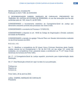 60606060Código de Organização e Divisão Judiciária do Estado de RondôniaCódigo de Organização e Divisão Judiciária do Estado de RondôniaCódigo de Organização e Divisão Judiciária do Estado de RondôniaCódigo de Organização e Divisão Judiciária do Estado de Rondônia
RESOLUÇÃO N. 010/2003-PR
Publicada no DJE nº 080, de 02/05/2003
O DESEMBARGADOR GABRIEL MARQUES DE CARVALHO, PRESIDENTE DO
TRIBUNAL DE JUSTIÇA DO ESTADO DE RONDÔNIA, no uso das atribuições que lhe são
conferidas pelo art. 154, inciso IV, do RI/TJRO,
CONSIDERANDO o levantamento estatístico da Corregedoria-Geral da Justiça que
demonstra crescente aumento dos processos nas Varas Cíveis;
CONSIDERANDO o constante do Processo n°219/02-CG;
CONSIDERANDO o disposto no art. 149-B do Código de Organização e Divisão Judiciária
do Estado de Rondônia;
CONSIDERANDO a decisão do egrégio Tribunal Pleno em Sessão Administrativa realizada
no dia 24 de fevereiro de 2003;
R E S O L V E:
Art. 1° - Modificar a competência de 02 (duas) Vara s Criminais Genéricas desta Capital,
criadas através da Lei Complementar n. 94, de 04-11-93, em seu artigo 141, ainda não
instaladas, em competência Cível, passando essas a constituírem as 7ª e 8ª Varas Cíveis
Genéricas da Comarca de Porto Velho.
Art. 2° - A Corregedoria-Geral da Justiça expedirá provimento para implementação desta
Resolução.
Art. 3°- Esta Resolução entrará em vigor na data d a sua publicação.
Publique-se.
Registre-se
Cumpra-se.
Porto Velho, 29 de abril de 2003.
(a)Des. GABRIEL MARQUES DE CARVALHO
Presidente
 