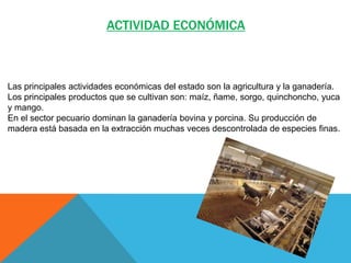 ACTIVIDAD ECONÓMICA

Las principales actividades económicas del estado son la agricultura y la ganadería.
Los principales productos que se cultivan son: maíz, ñame, sorgo, quinchoncho, yuca
y mango.
En el sector pecuario dominan la ganadería bovina y porcina. Su producción de
madera está basada en la extracción muchas veces descontrolada de especies finas.

 