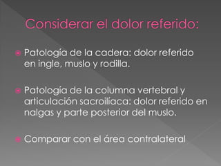    Patología de la cadera: dolor referido
    en ingle, muslo y rodilla.

   Patología de la columna vertebral y
    articulación sacroilíaca: dolor referido en
    nalgas y parte posterior del muslo.

   Comparar con el área contralateral
 