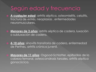    A cualquier edad: artritis séptica, osteomielitis, celulitis,
    fractura de estrés, neoplasias , enfermedades
    neuromusculares.

   Menores de 3 años: artritis séptica de cadera, luxación
    o subluxación de cadera.

   4-10 años: sinovitis transitoria de cadera, enfermedad
    de Perthes, artritis crónica juvenil.

   Mayores de 11 años: Osgood-Schlatter, epifisiólisis de la
    cabeza femoral, osteocondrosis tarsales, artritis séptica
    gonocócica.
 