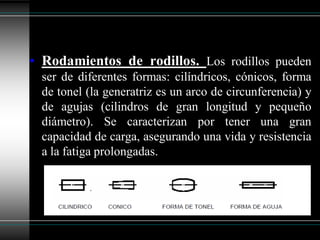 • Rodamientos de rodillos. Los rodillos pueden
 ser de diferentes formas: cilíndricos, cónicos, forma
 de tonel (la generatriz es un arco de circunferencia) y
 de agujas (cilindros de gran longitud y pequeño
 diámetro). Se caracterizan por tener una gran
 capacidad de carga, asegurando una vida y resistencia
 a la fatiga prolongadas.
 