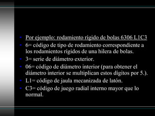 • Por ejemplo: rodamiento rígido de bolas 6306 L1C3
• 6= código de tipo de rodamiento correspondiente a
  los rodamientos rígidos de una hilera de bolas.
• 3= serie de diámetro exterior.
• 06= código de diámetro interior (para obtener el
  diámetro interior se multiplican estos dígitos por 5.).
• L1= código de jaula mecanizada de latón.
• C3= código de juego radial interno mayor que lo
  normal.
 