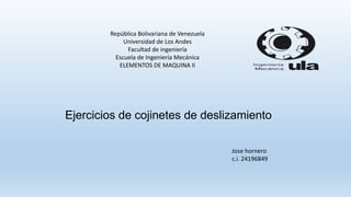 República Bolivariana de Venezuela
Universidad de Los Andes
Facultad de ingeniería
Escuela de Ingeniería Mecánica
ELEMENTOS DE MAQUINA II
Ejercicios de cojinetes de deslizamiento
Jose hornero
c.i. 24196849
 