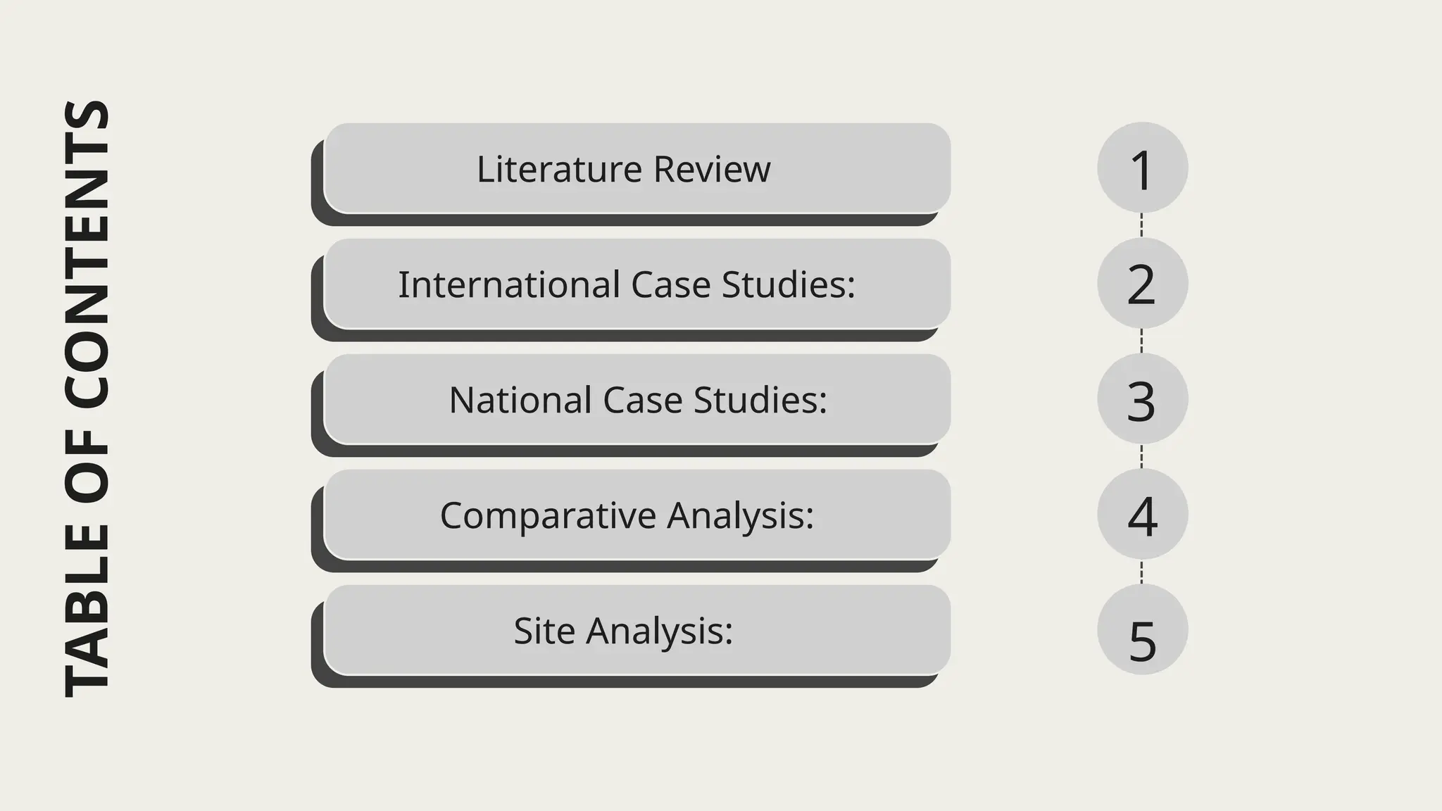 Literature Review
International Case Studies:
National Case Studies:
Comparative Analysis:
Site Analysis:
1
2
3
4
5
TABLE
OF
CONTENTS
 
