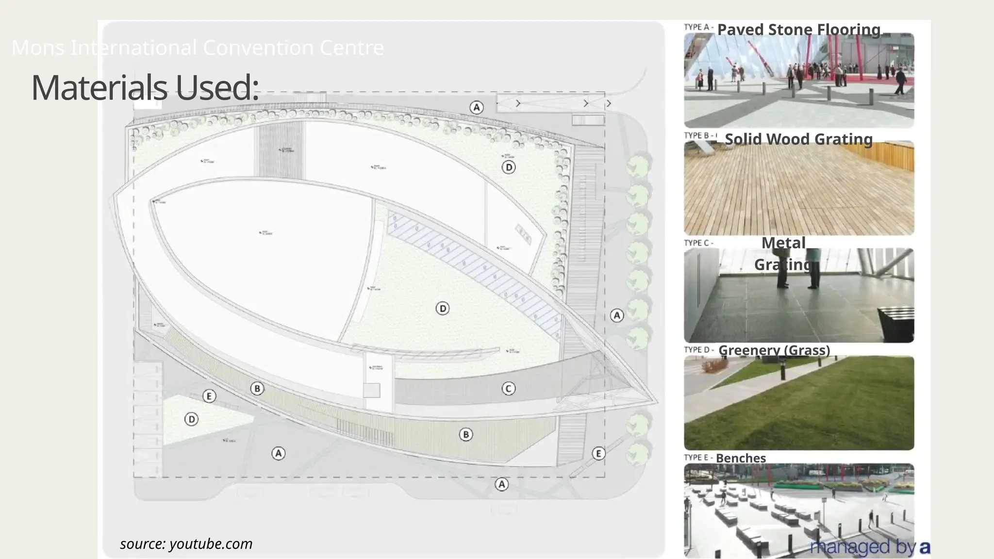 Materials Used:
Paved Stone Flooring
Solid Wood Grating
Metal
Grating
Greenery (Grass)
Benches
Mons International Convention Centre
source: youtube.com
 