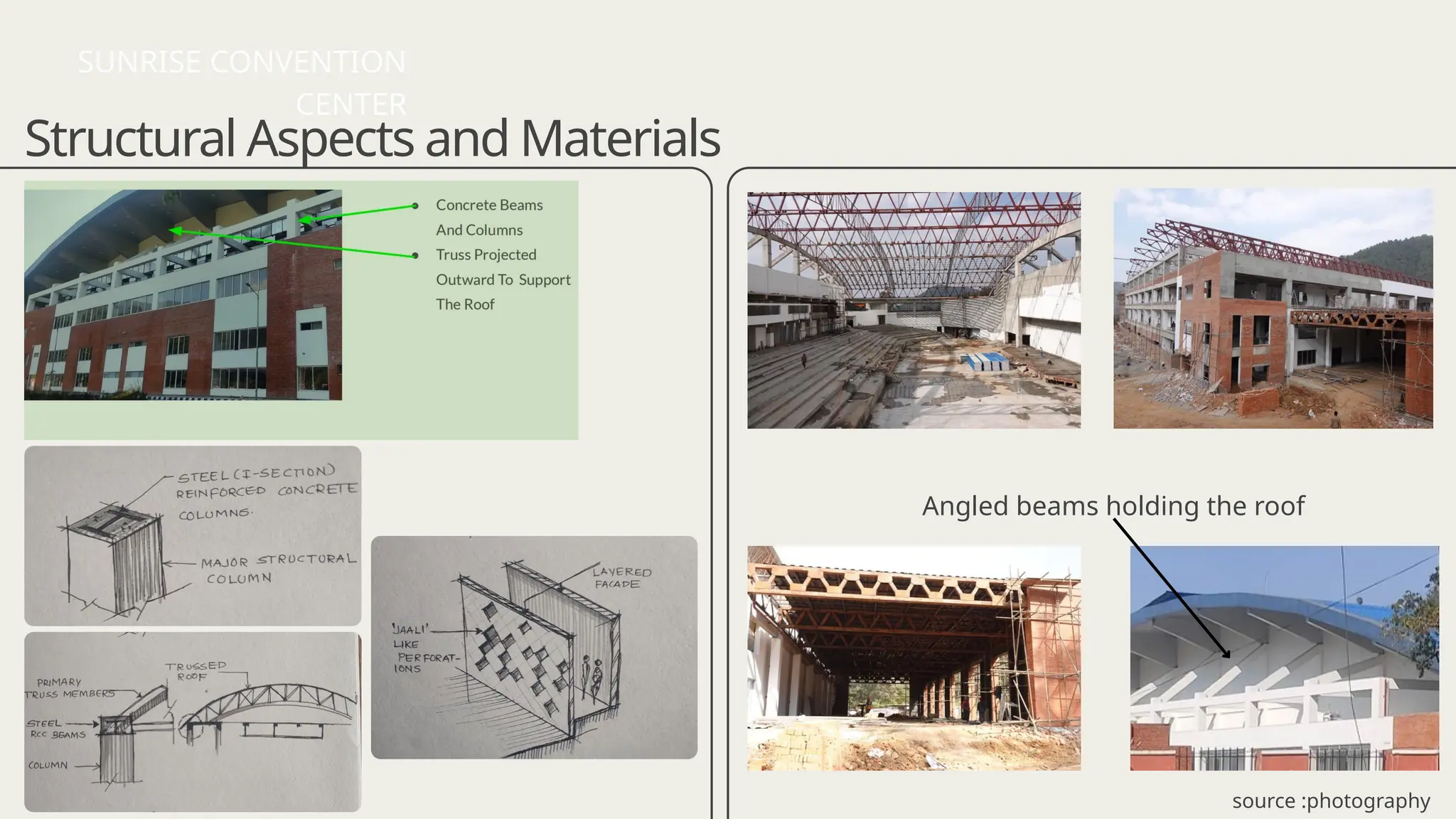 Structural Aspects and Materials
Angled beams holding the roof
SUNRISE CONVENTION
CENTER
source :photography
 