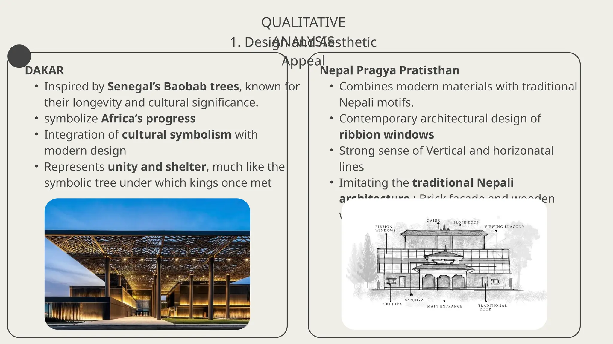 DAKAR
• Inspired by Senegal’s Baobab trees, known for
their longevity and cultural significance.
• symbolize Africa’s progress
• Integration of cultural symbolism with
modern design
• Represents unity and shelter, much like the
symbolic tree under which kings once met
QUALITATIVE
ANALYSIS
1. Design and Aesthetic
Appeal
Nepal Pragya Pratisthan
• Combines modern materials with traditional
Nepali motifs.
• Contemporary architectural design of
ribbion windows
• Strong sense of Vertical and horizonatal
lines
• Imitating the traditional Nepali
architecture : Brick facade and wooden
windows
 