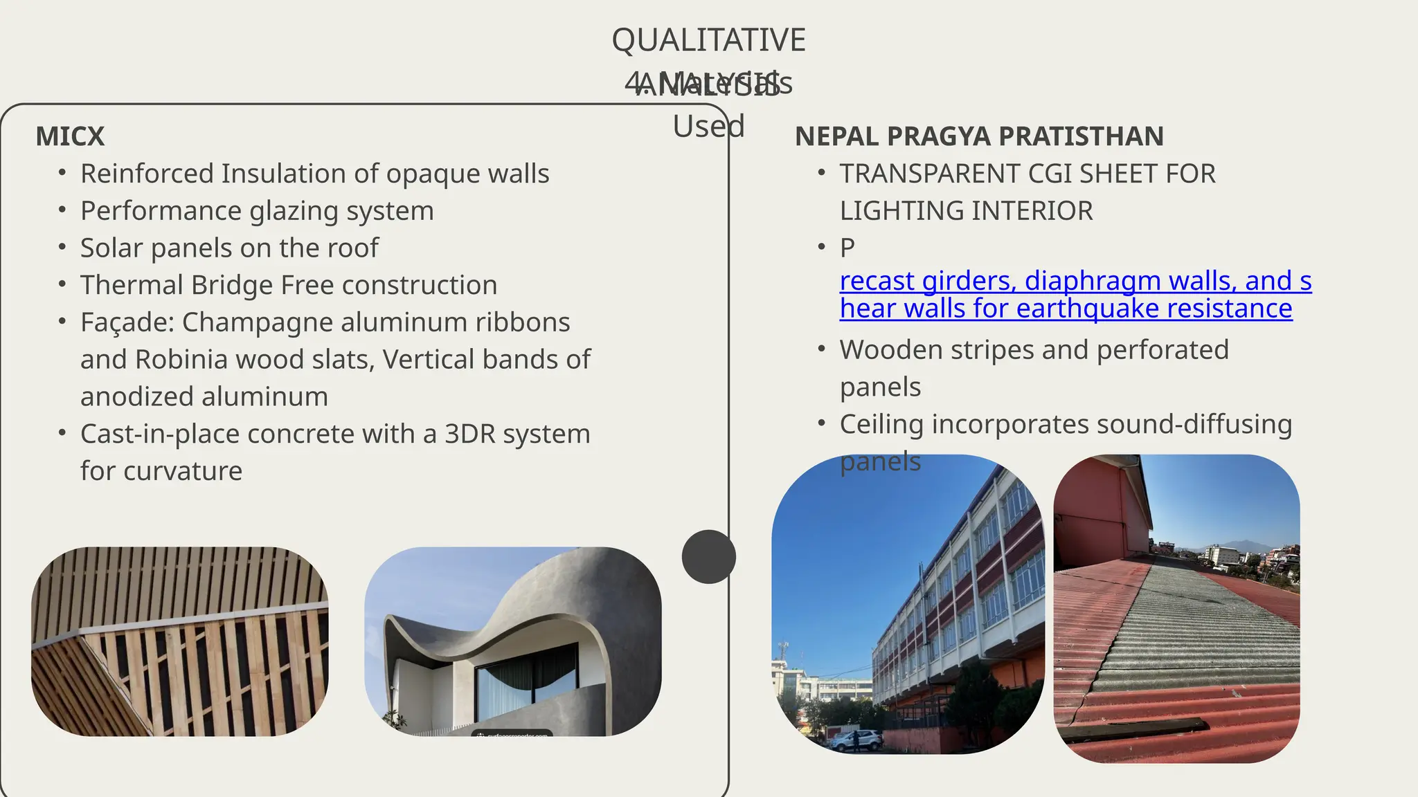 MICX
• Reinforced Insulation of opaque walls
• Performance glazing system
• Solar panels on the roof
• Thermal Bridge Free construction
• Façade: Champagne aluminum ribbons
and Robinia wood slats, Vertical bands of
anodized aluminum
• Cast-in-place concrete with a 3DR system
for curvature
QUALITATIVE
ANALYSIS
4. Materials
Used NEPAL PRAGYA PRATISTHAN
• TRANSPARENT CGI SHEET FOR
LIGHTING INTERIOR
• P
recast girders, diaphragm walls, and s
hear walls for earthquake resistance
• Wooden stripes and perforated
panels
• Ceiling incorporates sound-diffusing
panels
 