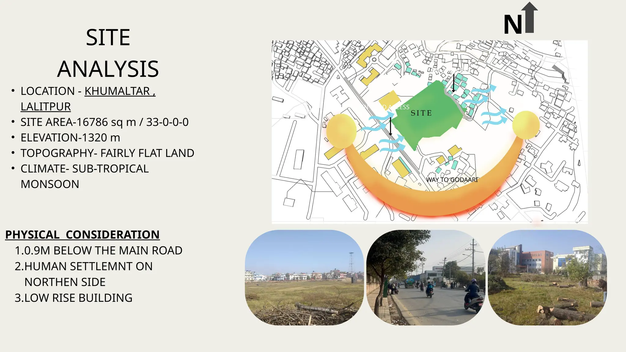 SITE
ANALYSIS
• LOCATION - KHUMALTAR ,
LALITPUR
• SITE AREA-16786 sq m / 33-0-0-0
• ELEVATION-1320 m
• TOPOGRAPHY- FAIRLY FLAT LAND
• CLIMATE- SUB-TROPICAL
MONSOON
MAIN ROAD ACCESS
ROAD ACCESS
WAY TO GODAARI
N
PHYSICAL CONSIDERATION
1.0.9M BELOW THE MAIN ROAD
2.HUMAN SETTLEMNT ON
NORTHEN SIDE
3.LOW RISE BUILDING
 
