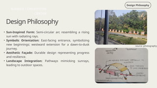 Design Philosophy
Design Philosophy
• Sun-Inspired Form: Semi-circular arc resembling a rising
sun with radiating rays.
• Symbolic Orientation: East-facing entrance, symbolizing
new beginnings; westward extension for a dawn-to-dusk
journey.
• Aesthetic Façade: Durable design representing progress
and resilience.
• Landscape Integration: Pathways mimicking sunrays,
leading to outdoor spaces.
SUNRISE CONVENTION
CENTER
source :photography
 