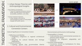 THEORETICAL
FRAMEWORK 1. Urban Design Theories with
Anthropological Insights
• Place-Making and Identity:.
⚬ Focus on creating functional, inclusive
public assembly spaces that balance
accessibility, aesthetics, and utility.
• Human-Centered Urbanism:
⚬ Urban designs informed by
anthropological studies on how people
engage with public spaces.
Cultural Significance in Convention Centers
• Reflecting Local Identity:
⚬ Integrating indigenous or regional architectural
motifs.
⚬ Designing for cultural festivals and heritage
celebrations.
• Cultural Inclusivity:
⚬ Creating spaces that accommodate diverse
Environmental and Economic Anthropology
• Sustainability in Context:
⚬ Understanding local environmental practices to
enhance green design.
⚬ Designing for long-term adaptability and
resilience.
• Economic Anthropology:
⚬ Convention centers as marketplaces for ideas,
2. Cultural and Environmental
Convention Centers
source :google
 
