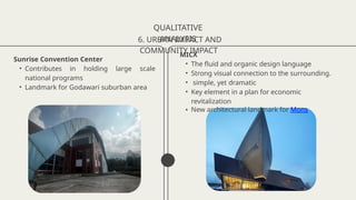 QUALITATIVE
ANALYSIS
6. URBAN IMPACT AND
COMMUNITY IMPACT
MICX
• The fluid and organic design language
• Strong visual connection to the surrounding.
• simple, yet dramatic
• Key element in a plan for economic
revitalization
• New architectural landmark for Mons
Sunrise Convention Center
• Contributes in holding large scale
national programs
• Landmark for Godawari suburban area
 