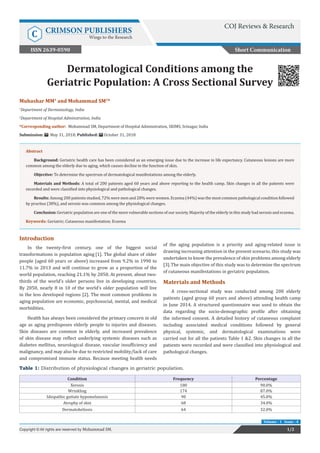 Dermatological Conditions among the
Geriatric Population: A Cross Sectional Survey
Short Communication
1/2Copyright © All rights are reserved by Mohammad SM.
Volume - 1 Issue - 4
Mubashar MM1
and Mohammad SM2
*
1
Department of Dermataology, India
2
Department of Hospital Adminstration, India
*Corresponding author: Mohammad SM, Department of Hospital Adminstration, SKIMS, Srinagar, India
Submission: May 31, 2018; Published: October 31, 2018
Abstract
Background: Geriatric health care has been considered as an emerging issue due to the increase in life expectancy. Cutaneous lesions are more
common among the elderly due to aging, which causes decline in the function of skin.
Objective: To determine the spectrum of dermatological manifestations among the elderly.
Materials and Methods: A total of 200 patients aged 60 years and above reporting to the health camp. Skin changes in all the patients were
recorded and were classified into physiological and pathological changes.
Results: Among 200 patients studied, 72% were men and 28% were women. Eczema (44%) was the most common pathological condition followed
by pruritus (38%), and xerosis was common among the physiological changes.
Conclusion: Geriatric population are one of the more vulnerable sections of our society. Majority of the elderly in this study had xerosis and eczema.
Keywords: Geriatric; Cutaneous manifestation; Eczema
Introduction
In the twenty-first century, one of the biggest social
transformations is population aging [1]. The global share of older
people (aged 60 years or above) increased from 9.2% in 1990 to
11.7% in 2013 and will continue to grow as a proportion of the
world population, reaching 21.1% by 2050. At present, about two-
thirds of the world’s older persons live in developing countries.
By 2050, nearly 8 in 10 of the world’s older population will live
in the less developed regions [2]. The most common problems in
aging population are economic, psychosocial, mental, and medical
morbidities.
Health has always been considered the primary concern in old
age as aging predisposes elderly people to injuries and diseases.
Skin diseases are common in elderly, and increased prevalence
of skin disease may reflect underlying systemic diseases such as
diabetes mellitus, neurological disease, vascular insufficiency and
malignancy, and may also be due to restricted mobility/lack of care
and compromised immune status. Because meeting health needs
of the aging population is a priority and aging-related issue is
drawing increasing attention in the present scenario, this study was
undertaken to know the prevalence of skin problems among elderly
[3].The main objective of this study was to determine the spectrum
of cutaneous manifestations in geriatric population.
Materials and Methods
A cross-sectional study was conducted among 200 elderly
patients (aged group 60 years and above) attending health camp
in June 2014. A structured questionnaire was used to obtain the
data regarding the socio-demographic profile after obtaining
the informed consent. A detailed history of cutaneous complaint
including associated medical conditions followed by general
physical, systemic, and dermatological examinations were
carried out for all the patients Table 1 &2. Skin changes in all the
patients were recorded and were classified into physiological and
pathological changes.
COJ Reviews & Research
C CRIMSON PUBLISHERS
Wings to the Research
ISSN 2639-0590
Table 1: Distribution of physiological changes in geriatric population.
Condition Frequency Percentage
Xerosis 180 90.0%
Wrinkling 174 87.0%
Idiopathic guttate hypomelanosis 90 45.0%
Atrophy of skin 68 34.0%
Dermatoheliosis 64 32.0%
 